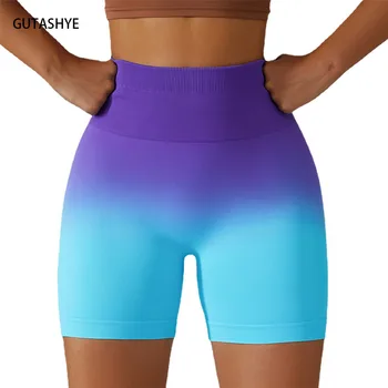 Yüksek belli Degrade Dikişsiz Spor Şort Kadın Kalça Kaldırma Yoga Tayt Pantolon Koşu Pantolon Görüntü 2