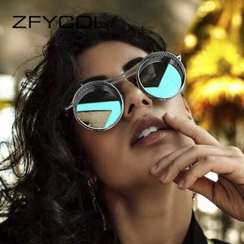 ZFYCOL Marka Tasarım Steampunk Güneş Gözlüğü Erkek Kadın Retro Gotik Yuvarlak erkek Gözlük Moda Metal Sürüş Gözlüğü UV400