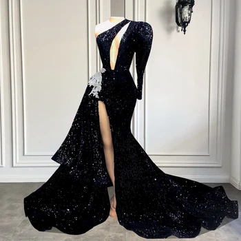 Zarif Bir Omuz Tek Uzun Kollu balo kıyafetleri 2023 Seksi Denizkızı Tarzı Sparkly Siyah Pullu Kadınlar Balo Gala Törenlerinde