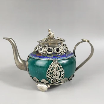 Zarif Çin Koleksiyon Dekore Klasik El Yapımı Yeşil Yeşim Taş Kakma Tibet Gümüş Ejderha Maymun Kapaklı Demlik