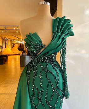 Zümrüt Yeşil Bayanlar Lüks Pullu Mermaid Akşam Elbise Bir Omuz Kollu Pullu Parti Elbise Saten Fırfır Ünlü Özel Görüntü 2