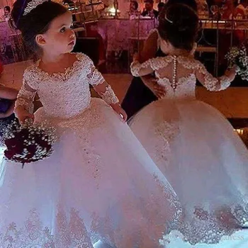 Çiçek Kız Elbise Düğün için Tül Prenses Dantel Yarım Kollu Kutsal İlk Communion Abiye Parti Pageant Elbise Kızlar İçin