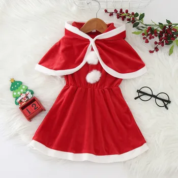Çocuk Kız Noel Cosplay Noel Baba Kostüm Bebek X-Mas Kıyafet 2 Adet Set Prenses Elbise+Kapşonlu Elbise Pelerin Seti Kızlar İçin 1-5Y