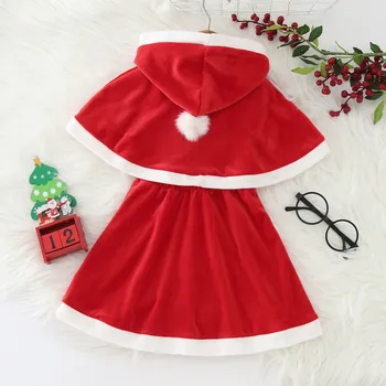 Çocuk Kız Noel Cosplay Noel Baba Kostüm Bebek X-Mas Kıyafet 2 Adet Set Prenses Elbise+Kapşonlu Elbise Pelerin Seti Kızlar İçin 1-5Y Görüntü 2
