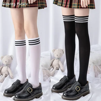 Çorap Lolita Uzun Çorap Kadın Moda Seksi Diz Üzerinde Uyluk Yüksek Kawaii Siyah Beyaz Düz Renk Naylon Buzağı Meias