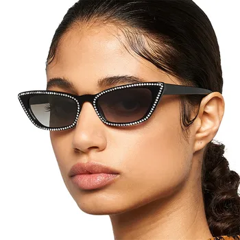 İmitasyon Elmas Güneş Kadınlar Marka Tasarımcısı Lüks Kare Rhinestone Kedi Göz güneş gözlüğü Bayanlar Dikdörtgen Gözlük Shades Görüntü 2