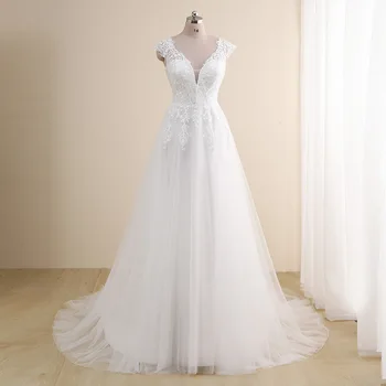 İnanılmaz düğün elbisesi Artı Boyutu Yeni Varış V boyun Cap Sleeve Bir Çizgi Gelinlikler Tül Dantel Aplike Robe De Mariee Kıyafeti