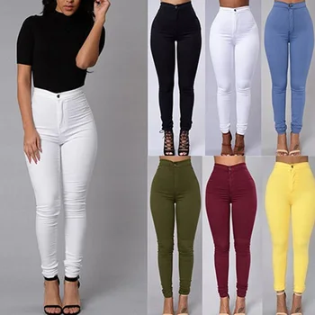 Şeker Renkler Kadın Kalem Pantolon Streç Casual Denim Skinny Jeans Yüksek Bel Pantolon Artı Boyutu pantalones de mujer calças